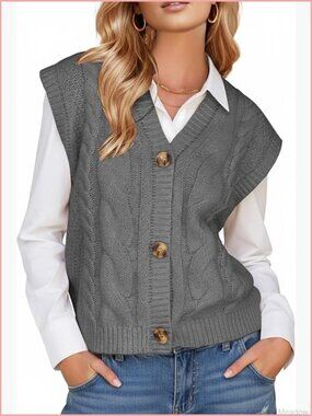 Women's Sleeveless V-Neck Button Down Chunky Cable Knit Sweater Vest
